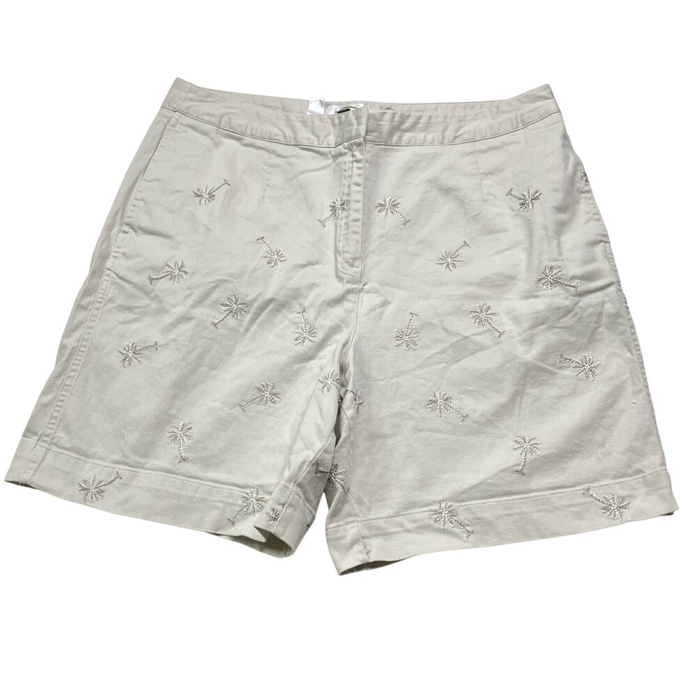 Talbots VTG Beige Embroidered Palm Tree Chino Shorts Stretch Cotton Womens 14